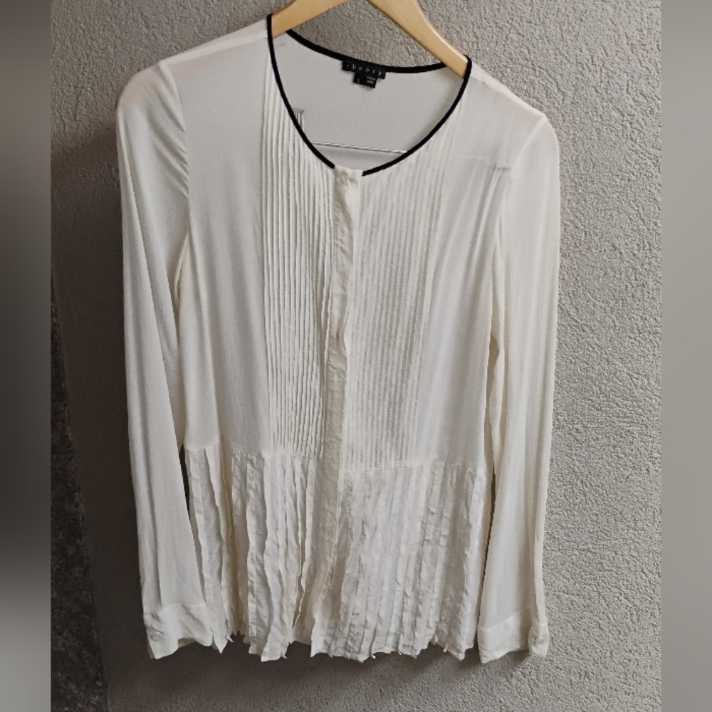 Theory Women's Contrast Trim Zirana Button Down Silk Blouse Sz L